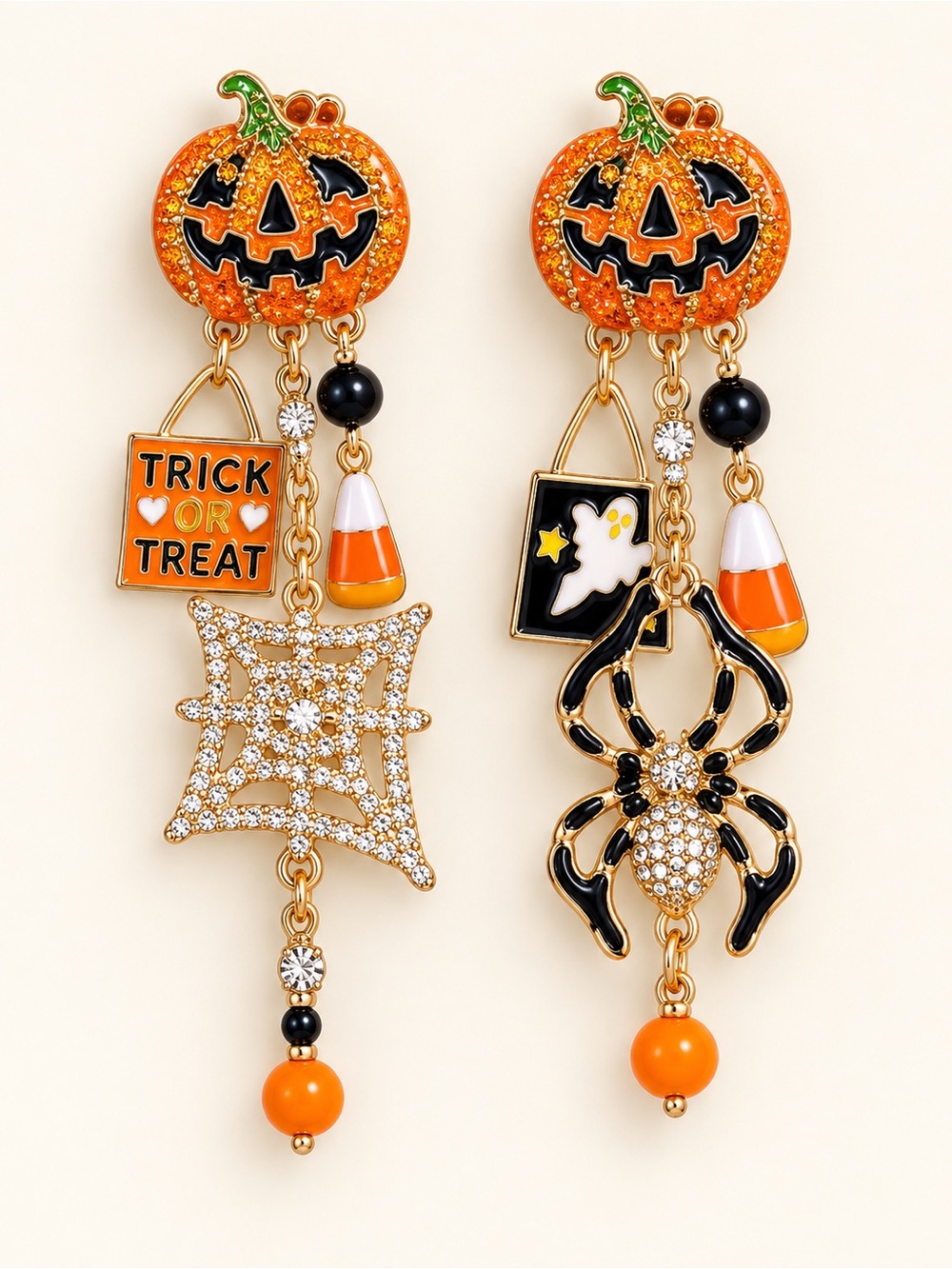 Halloween Pumpkin Spider Crystal Dangle Earrings